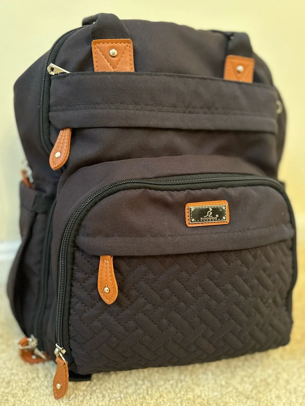Quilted Black Baby Bag Backpack with Tan Accents